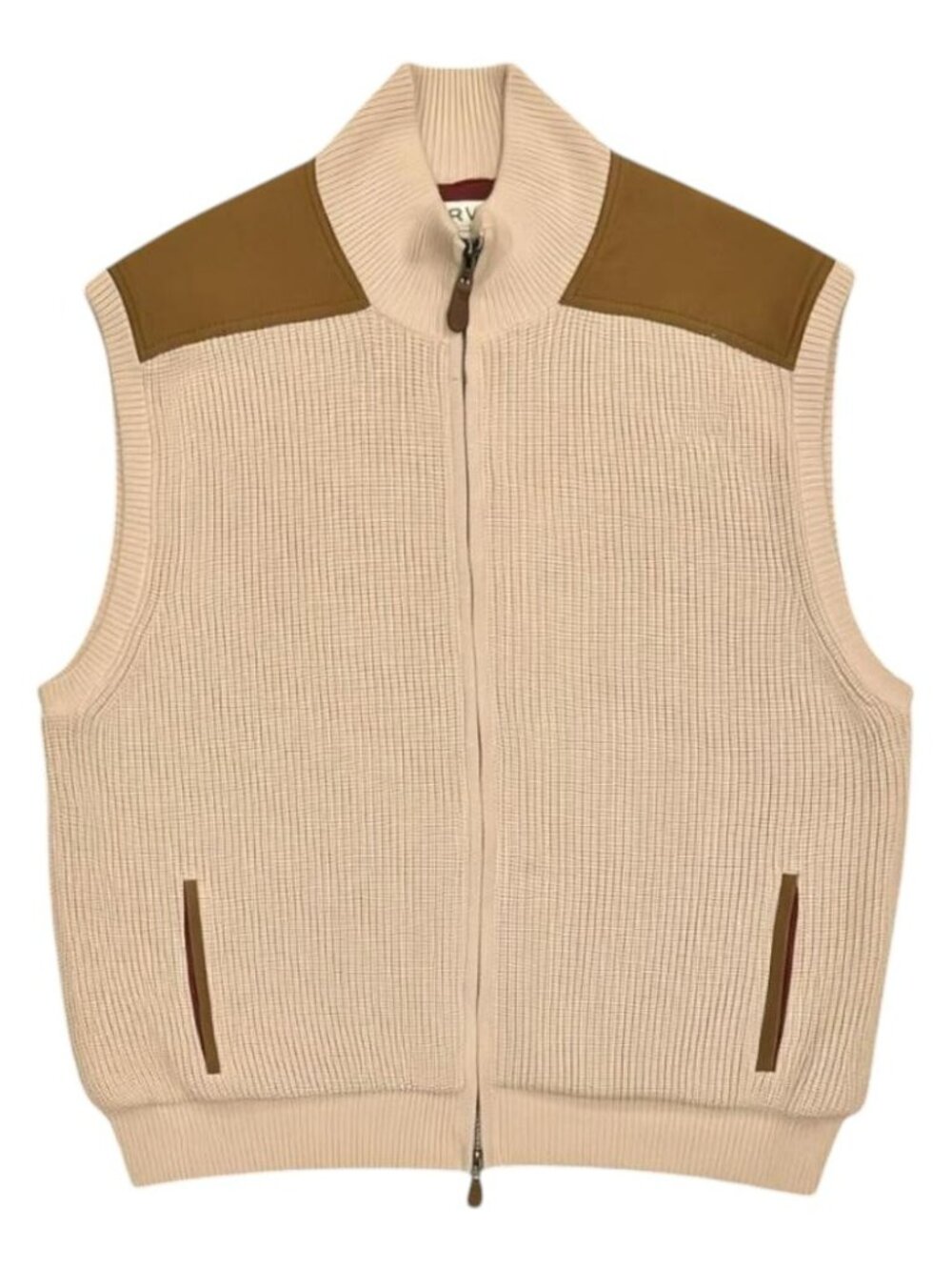 Orvis Shaker Cotton Knit Vest Mock Neck Full Zip Beige Tan Faux Suede Trim Large